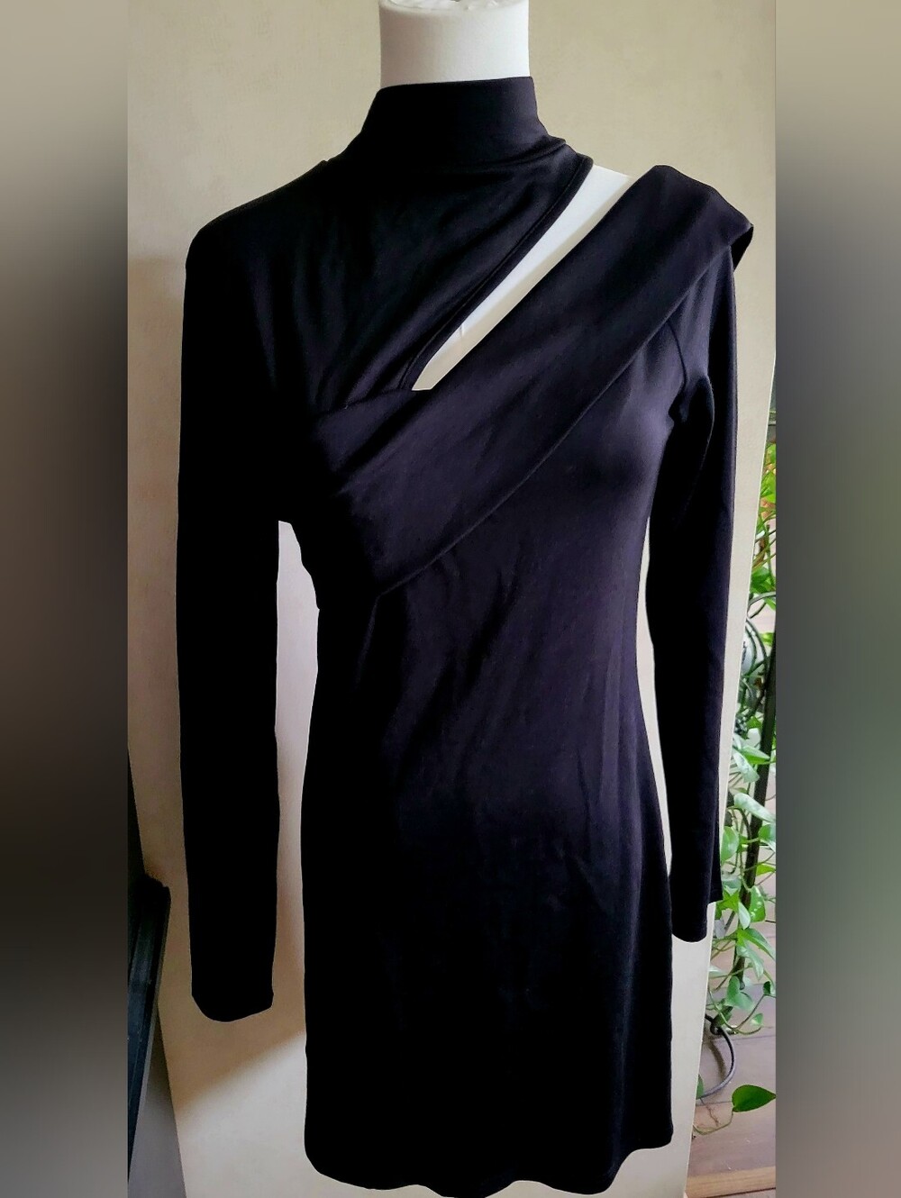 Commense Black Asymmetric Cutout Mini Dress